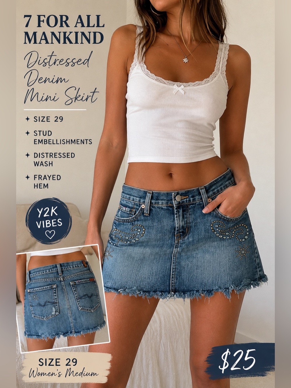 7 For All Mankind Distressed Blue Denim Mini Skirt with Stud Embellishments